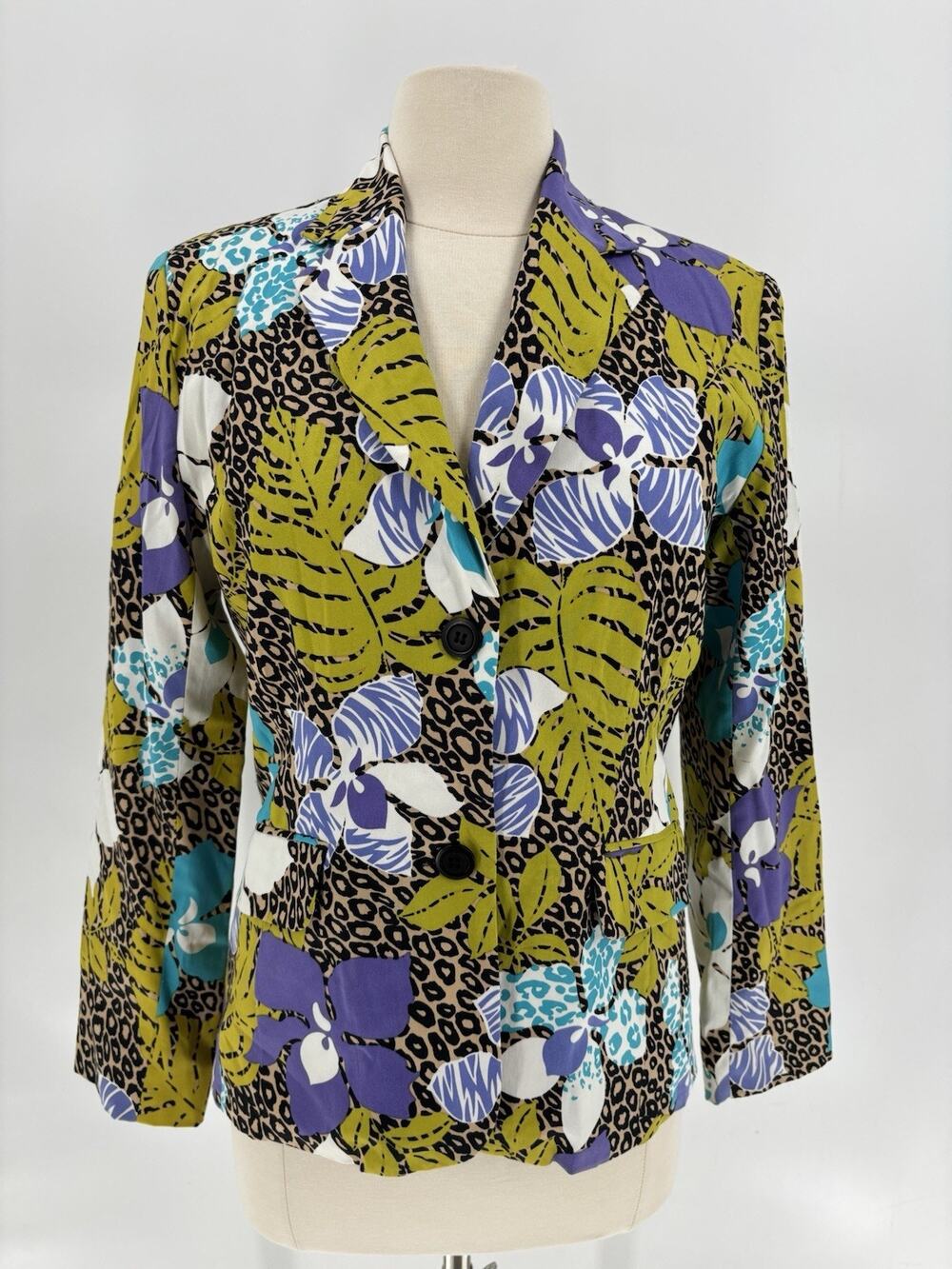 Joni B Vintage Blazer Womens Small Green Purple Tropical Floral Leopard Buttons